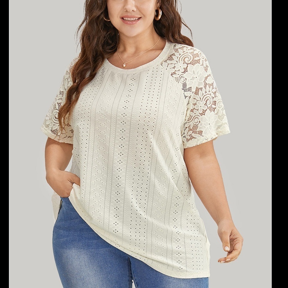 BloomChic Plus Size 2XL Solid Broderie Anglaise Lace Raglan Sleeve T-Shirt